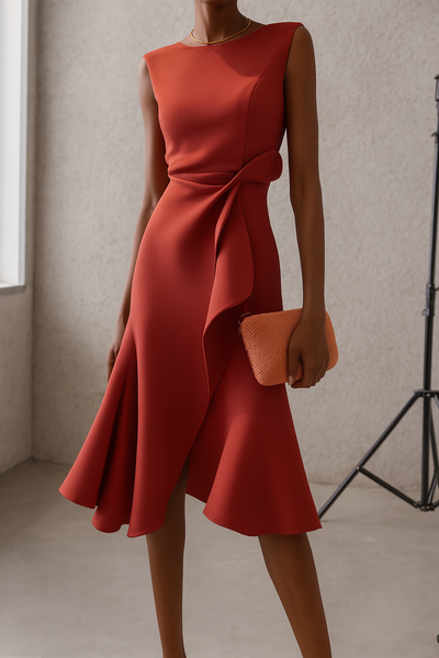 CLARA – Vestido Elegante Midi con Detalle Escultural en la Cintura