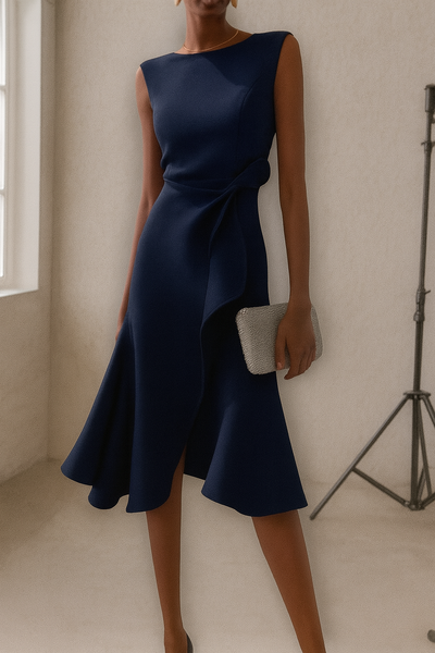 CLARA – Vestido Elegante Midi con Detalle Escultural en la Cintura